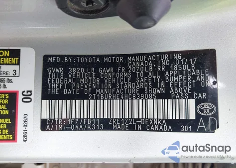 2017 Toyota Corolla Le из США, поврежденный, VIN 2T1BURHE4HC839085